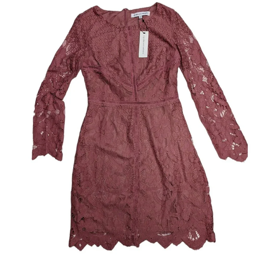 Cupcakes & Cashmere Mini Dress Makenna Rose Pink Lace Long Sleeve Bodycon Boho 0 - Picture 2 of 6